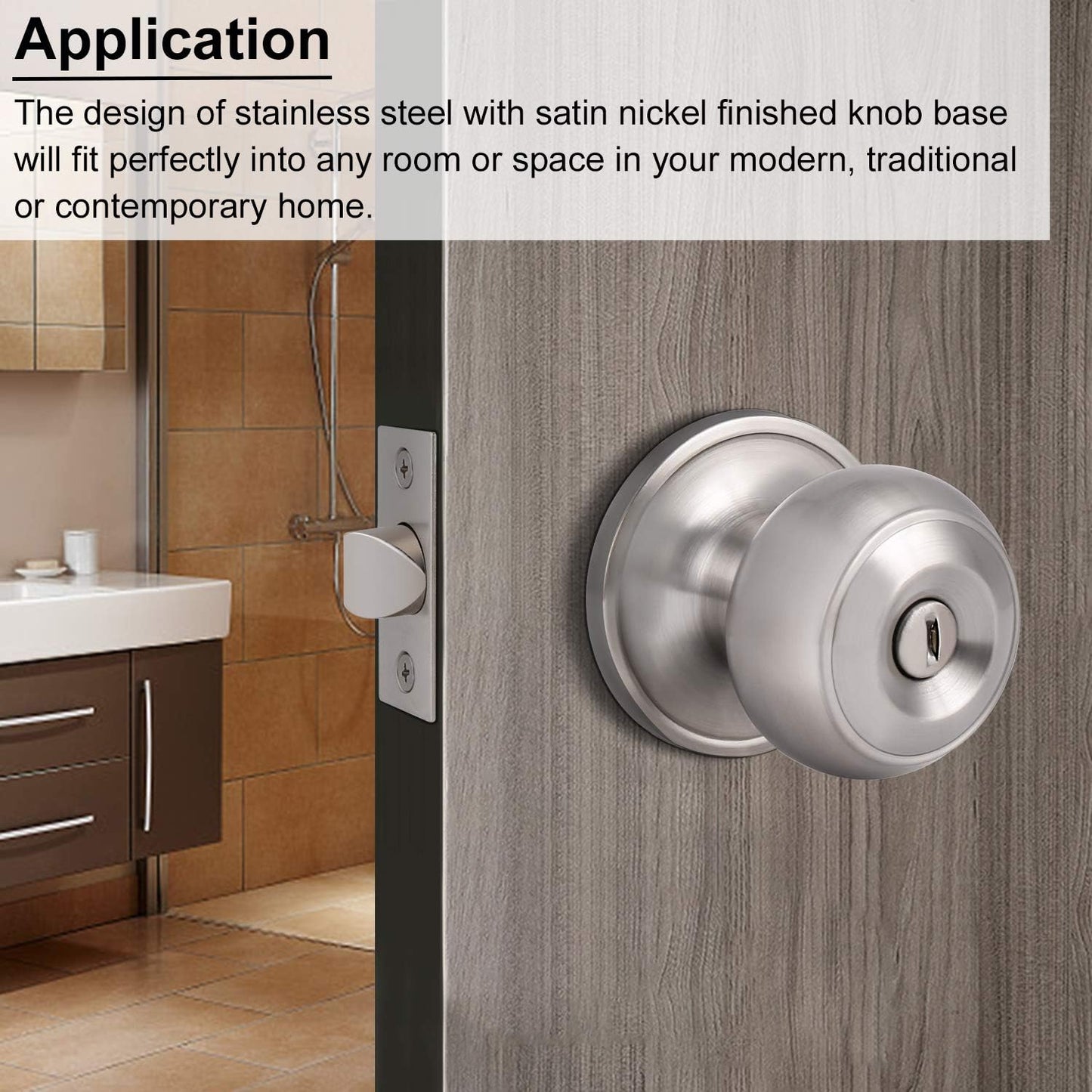 Satin Nickel Privacy Door Knob Set for Bed/Bathroom, Brushed Nickel Finish - Flat Ball Style, Keyless Entry - 1 Pack