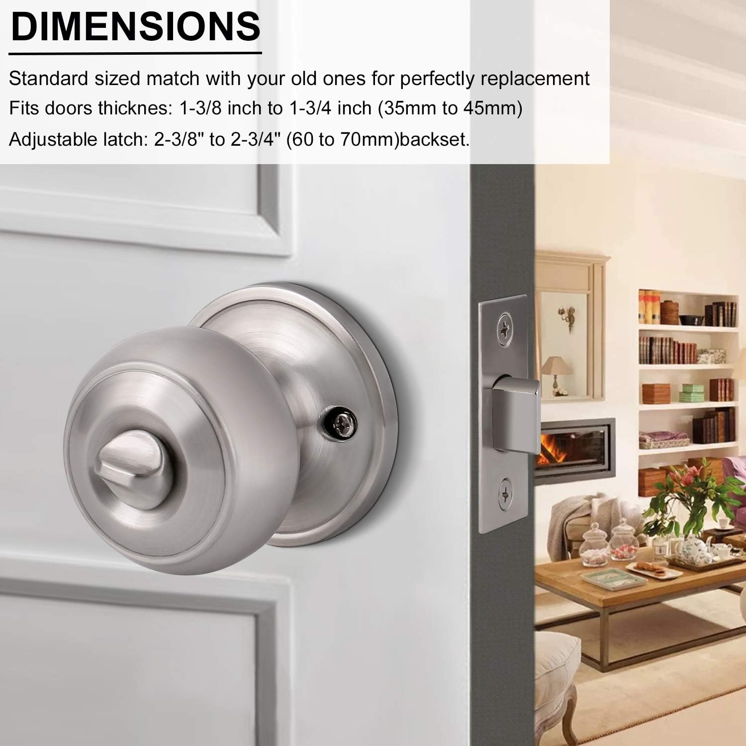 Satin Nickel Privacy Door Knob Set for Bed/Bathroom, Brushed Nickel Finish - Flat Ball Style, Keyless Entry - 1 Pack