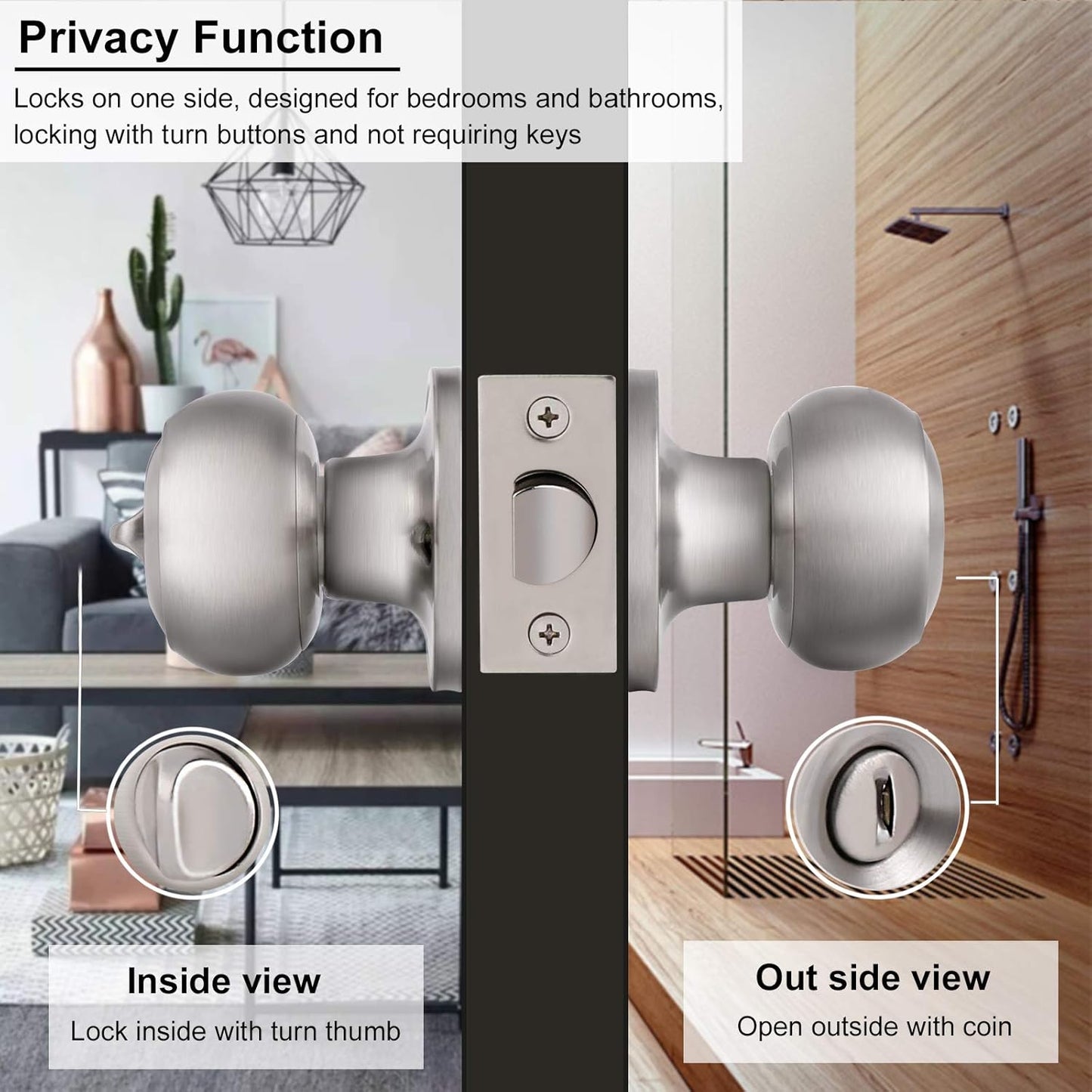 Satin Nickel Privacy Door Knob Set for Bed/Bathroom, Brushed Nickel Finish - Flat Ball Style, Keyless Entry - 1 Pack