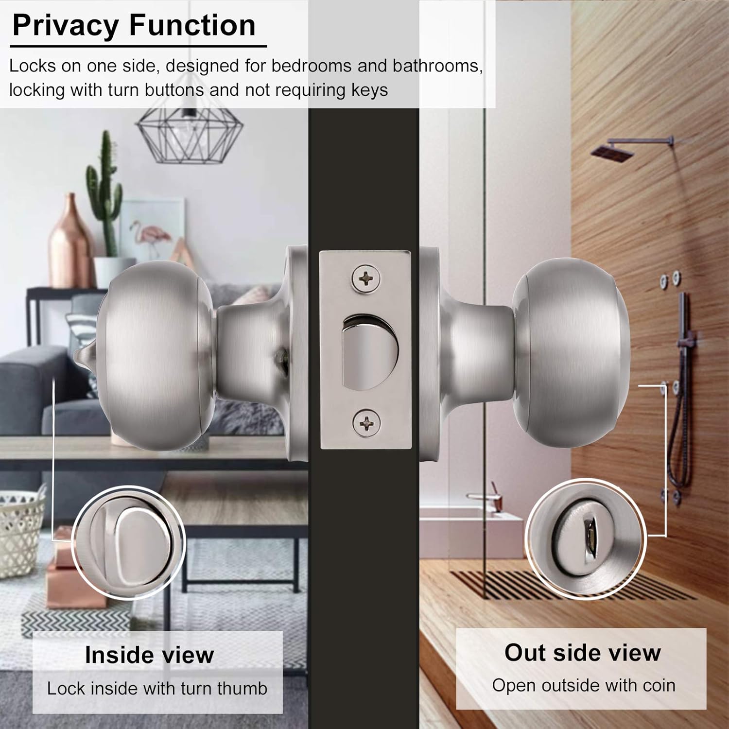 Satin Nickel Privacy Door Knob Set for Bed/Bathroom, Brushed Nickel Finish - Flat Ball Style, Keyless Entry - 1 Pack