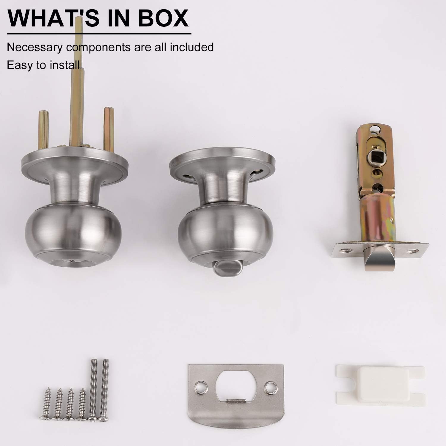 Satin Nickel Privacy Door Knob Set for Bed/Bathroom, Brushed Nickel Finish - Flat Ball Style, Keyless Entry - 1 Pack