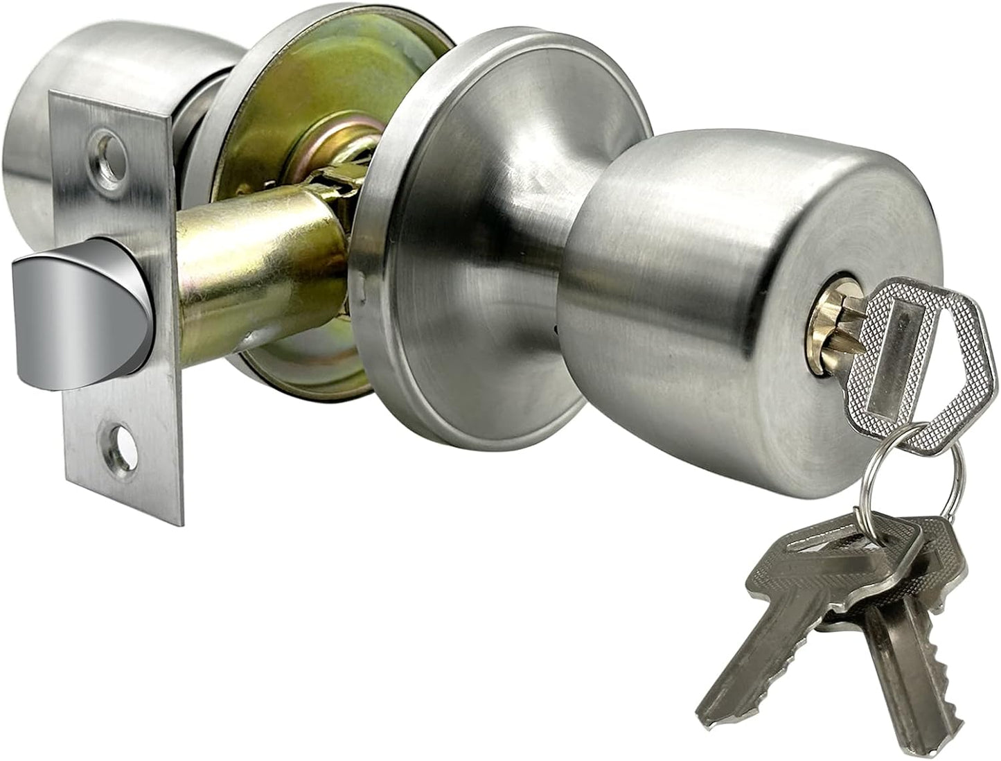 Satin Nickel Round Ball Door Knob with Lock and Key for Bedroom/Bathroom - Stainless Steel Interior/Exterior Lock