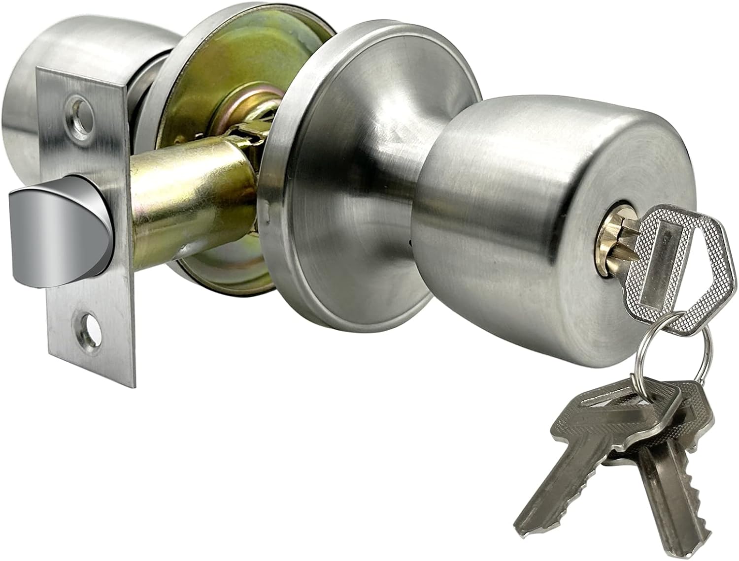 Satin Nickel Round Ball Door Knob with Lock and Key for Bedroom/Bathroom - Stainless Steel Interior/Exterior Lock