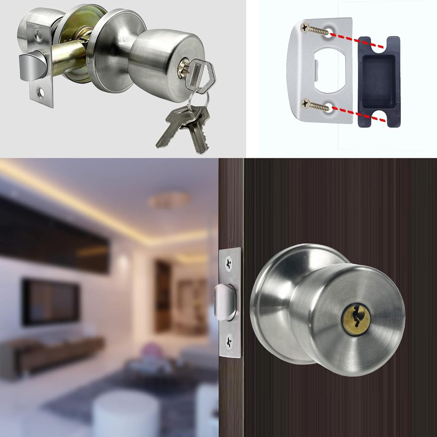 Satin Nickel Round Ball Door Knob with Lock and Key for Bedroom/Bathroom - Stainless Steel Interior/Exterior Lock