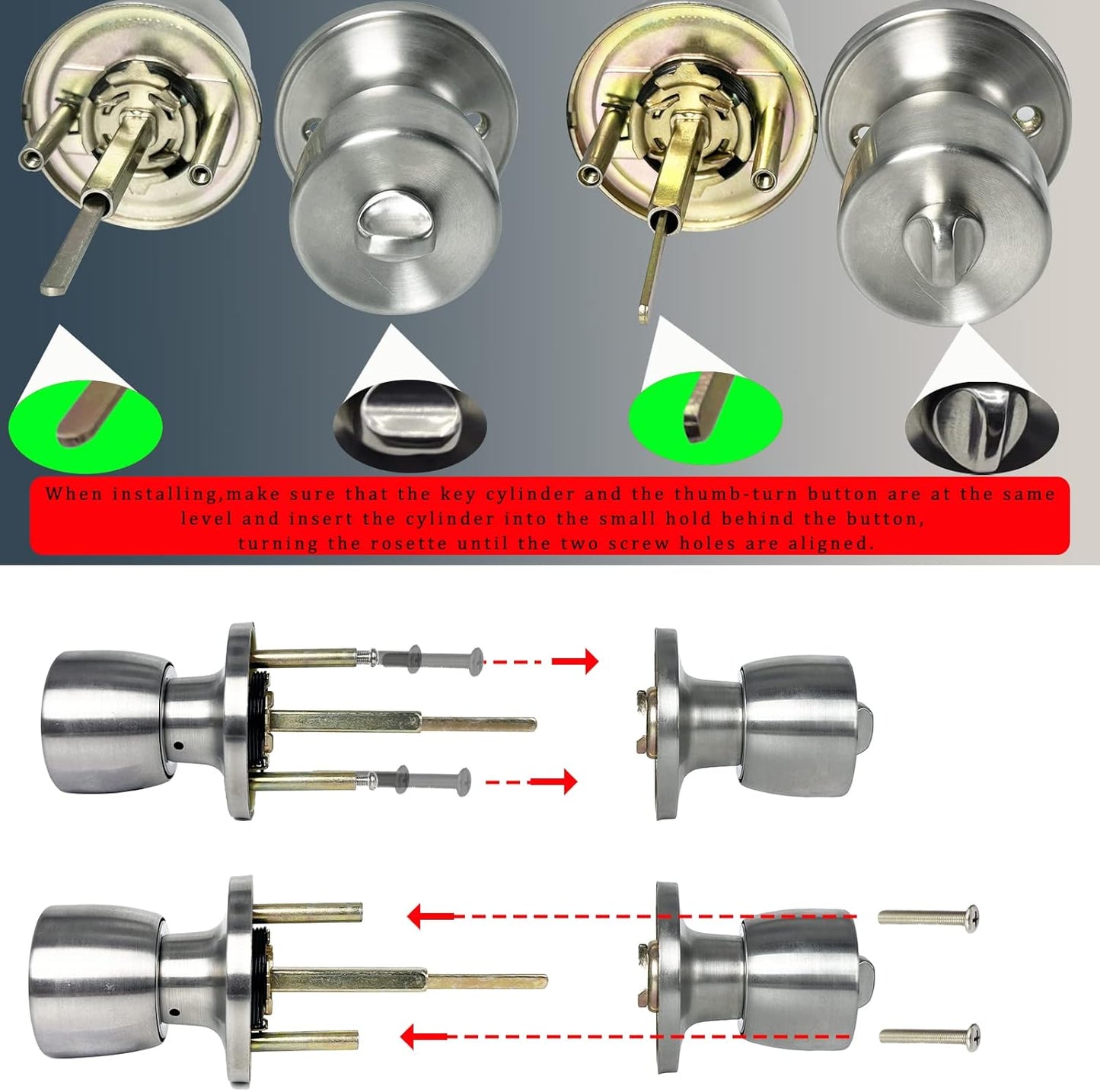 Satin Nickel Round Ball Door Knob with Lock and Key for Bedroom/Bathroom - Stainless Steel Interior/Exterior Lock