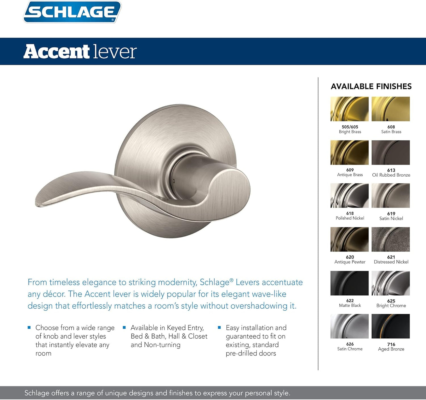 Satin Nickel Schlage F40 ACC 619 Accent Door Lever for Bed & Bath Privacy Lock - WildKart