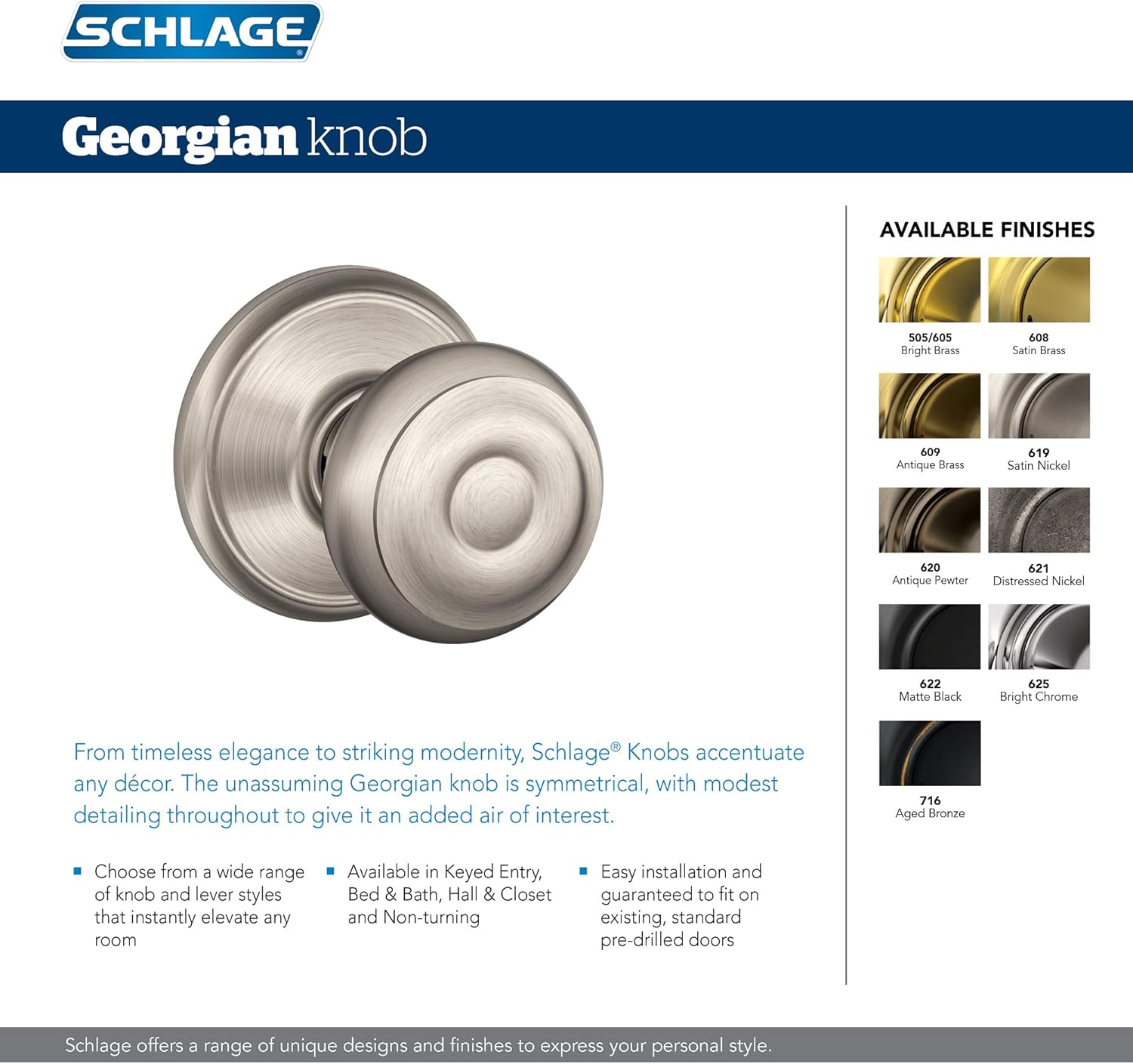 Satin Nickel Schlage Georgian Door Knob F10 V GEO 619 for Hall & Closet - Passage Lock
