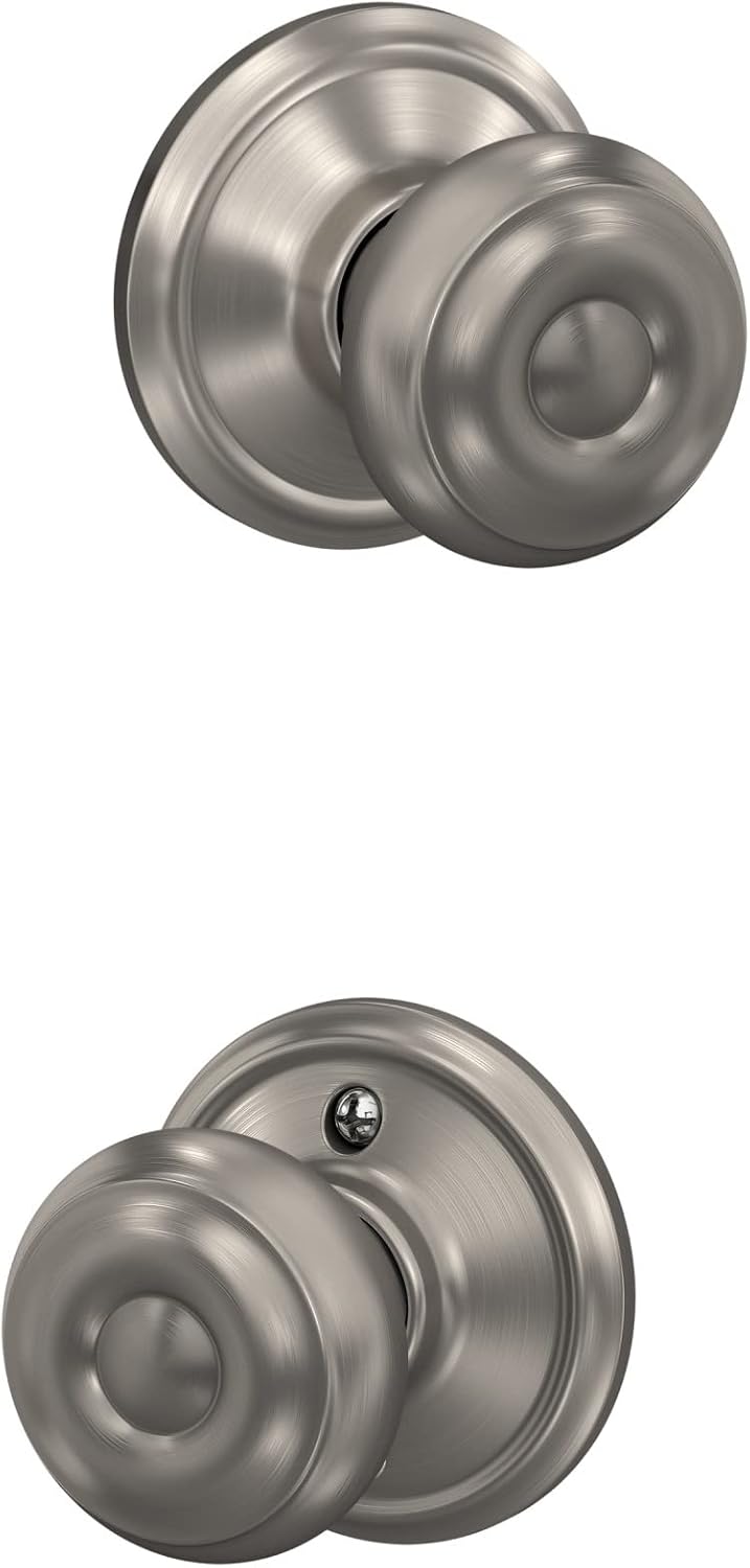 Satin Nickel Schlage Georgian Door Knob F10 V GEO 619 for Hall & Closet - Passage Lock