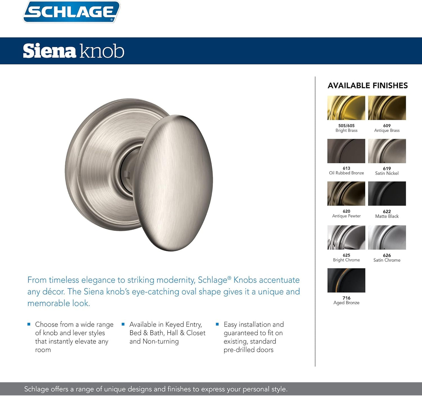 Satin Nickel Schlage Sienna Door Knob F10 V SIE 619 for Hall & Closet Passage Lock