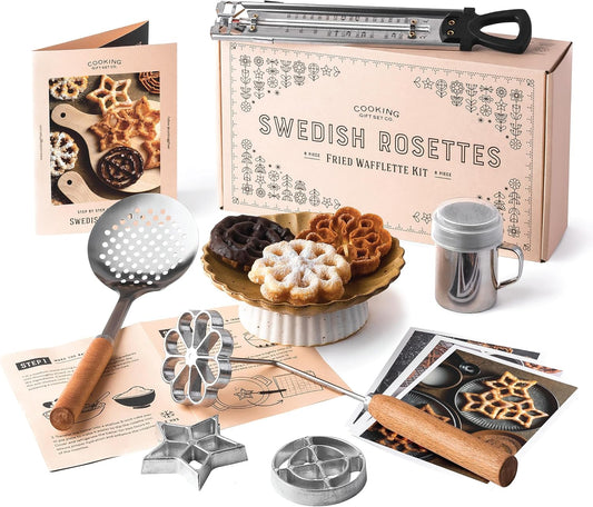 Scandinavian Rosettes Iron Set with Bunuelos Mold - Funnel Cake Kit for Baking Swedish Cookies - Perfect Gift for Mom or Chef
