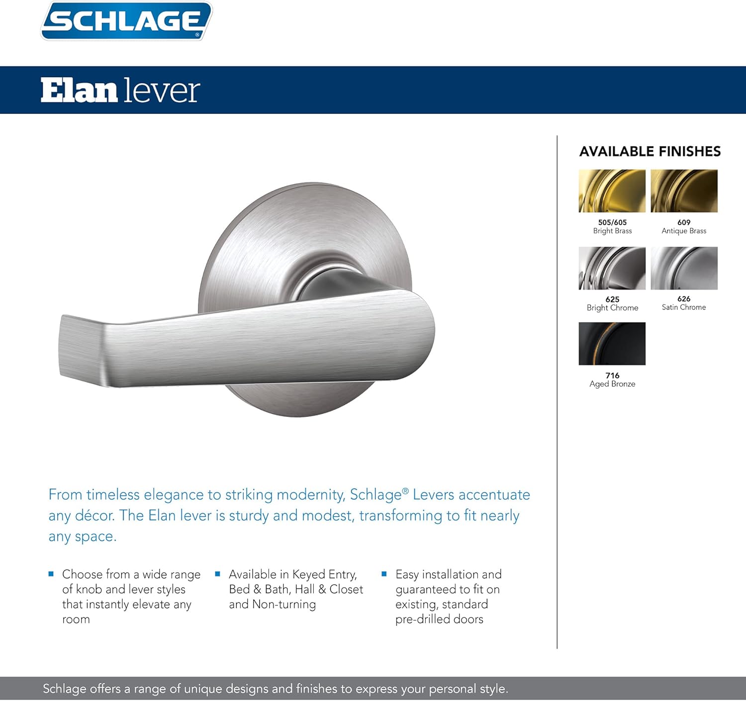 Schlage Commercial Series Elan Door Lever, Bed & Bath Privacy Lock in Satin Chrome