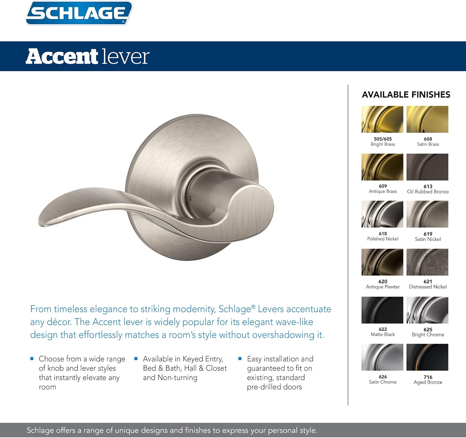 Schlage F170 ACC 716 LH Left Handed Accent Dummy Door Lever in Aged Bronze