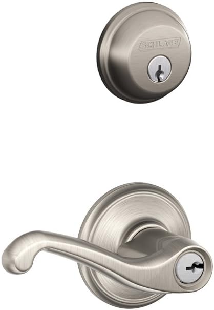 Schlage FB50N V FLA 619 B60 Single Cylinder Deadbolt and F51 Keyed Entry Flair Lever Set, Satin Nickel Finish - Keyed Alike