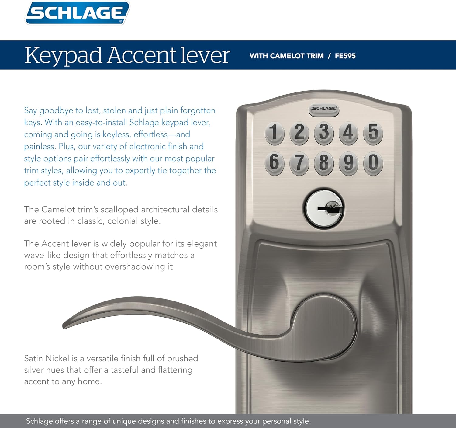 Schlage FE595 Camelot Keypad Entry Door Lock with Flex-Lock, Accent Levers - Brushed Chrome - WildKart