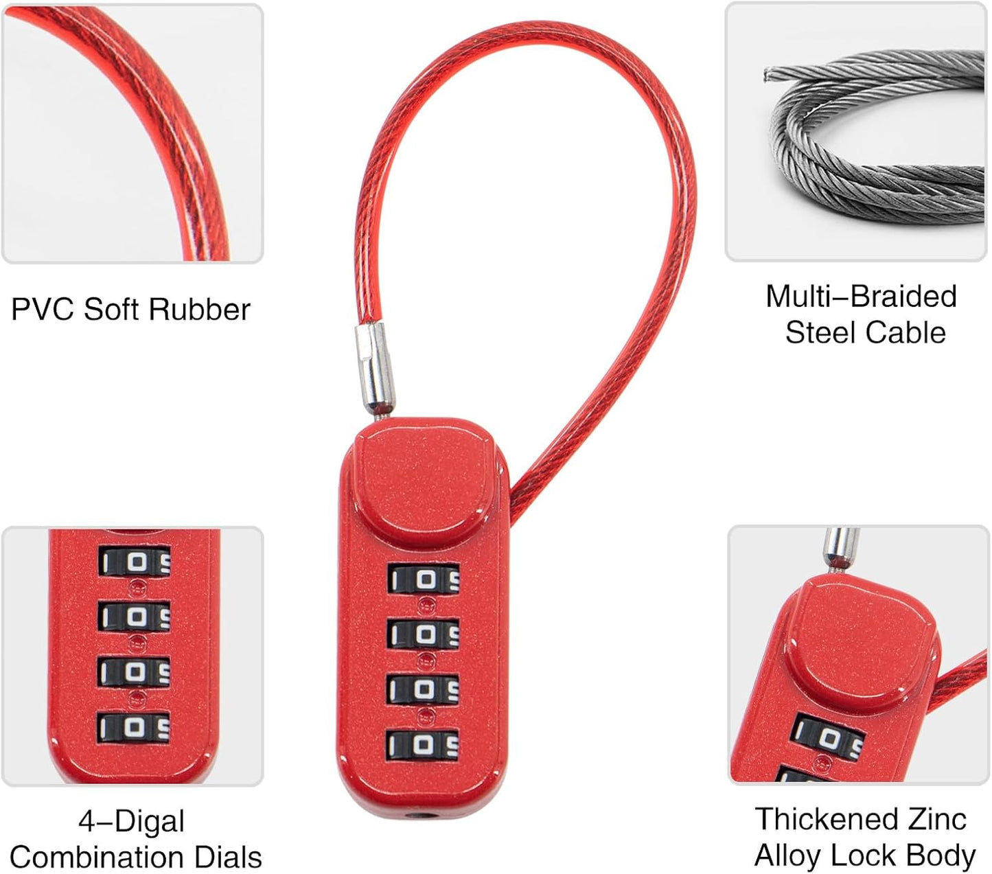 Secure Your Belongings with 2 Combination Locks: Short Cable for Lockers, Fences, Toolboxes & Long Cable for Luggage, Gates, Bikes - Beige & Red