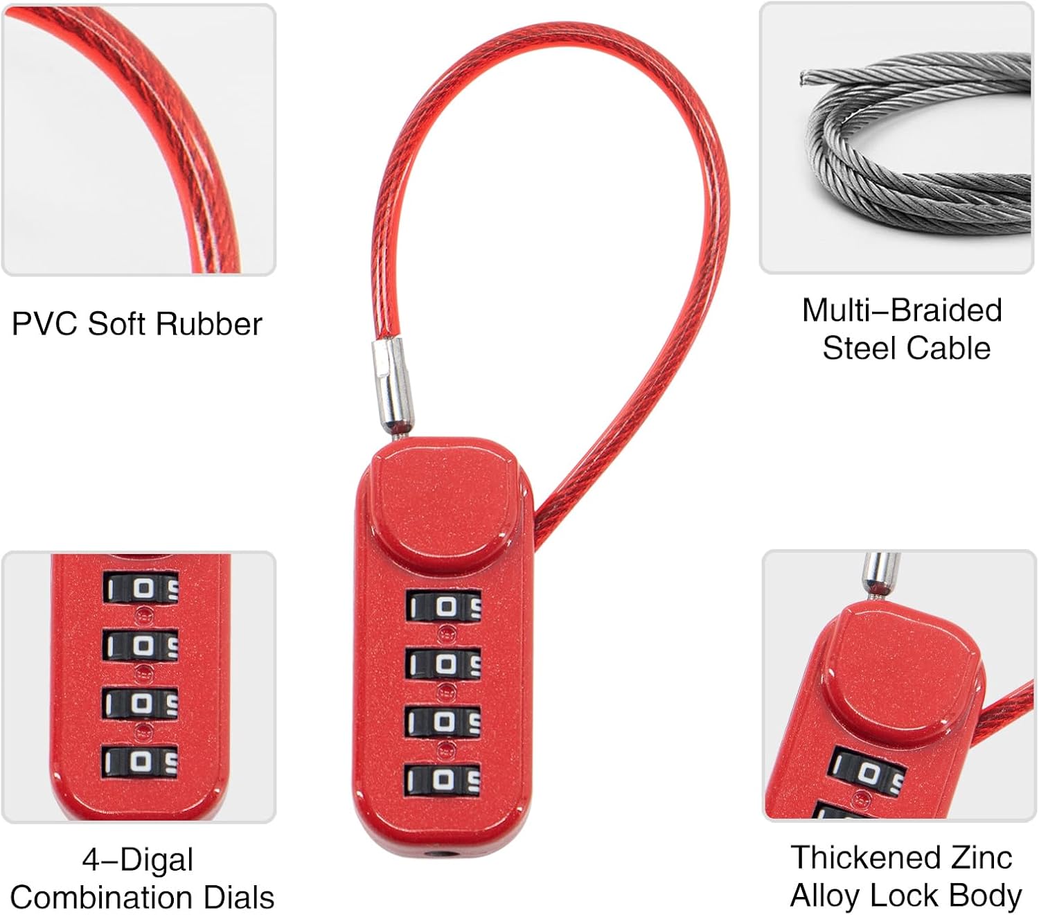 Secure Your Belongings with 2 Combination Locks: Short Cable for Lockers, Fences, Toolboxes & Long Cable for Luggage, Gates, Bikes - Beige & Red
