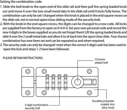 Secure Your Door with RESET-008 Combination Lock Bolt - Set Your Own 4-Digit Password for Ultimate Security, Silver Finish