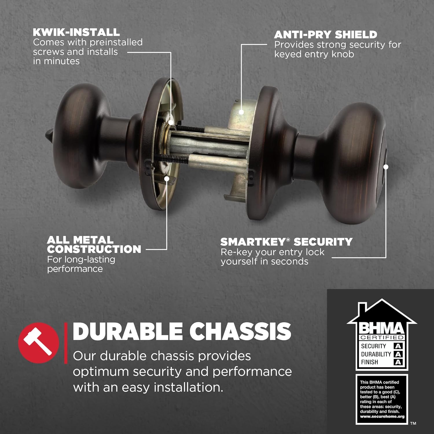 Secure your front entrance and bedroom with the Kwikset Juno Entry Door Knob in Venetian Bronze, featuring a pick-resistant SmartKey rekey system and Microban technology.