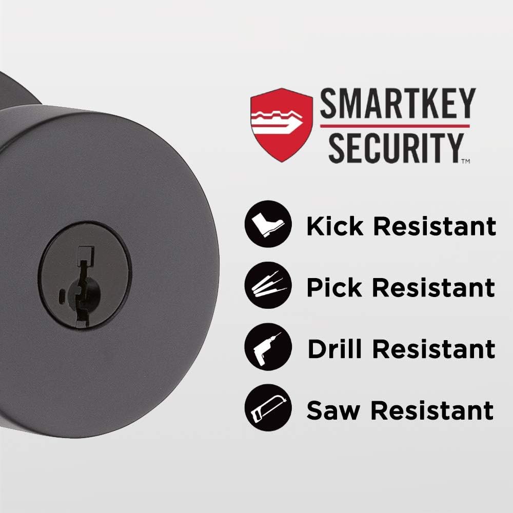 Secure your front entrance and bedroom with the Kwikset Pismo Entry Door Knob in Matte Black, featuring a pick-resistant SmartKey rekey security system and Microban protection.