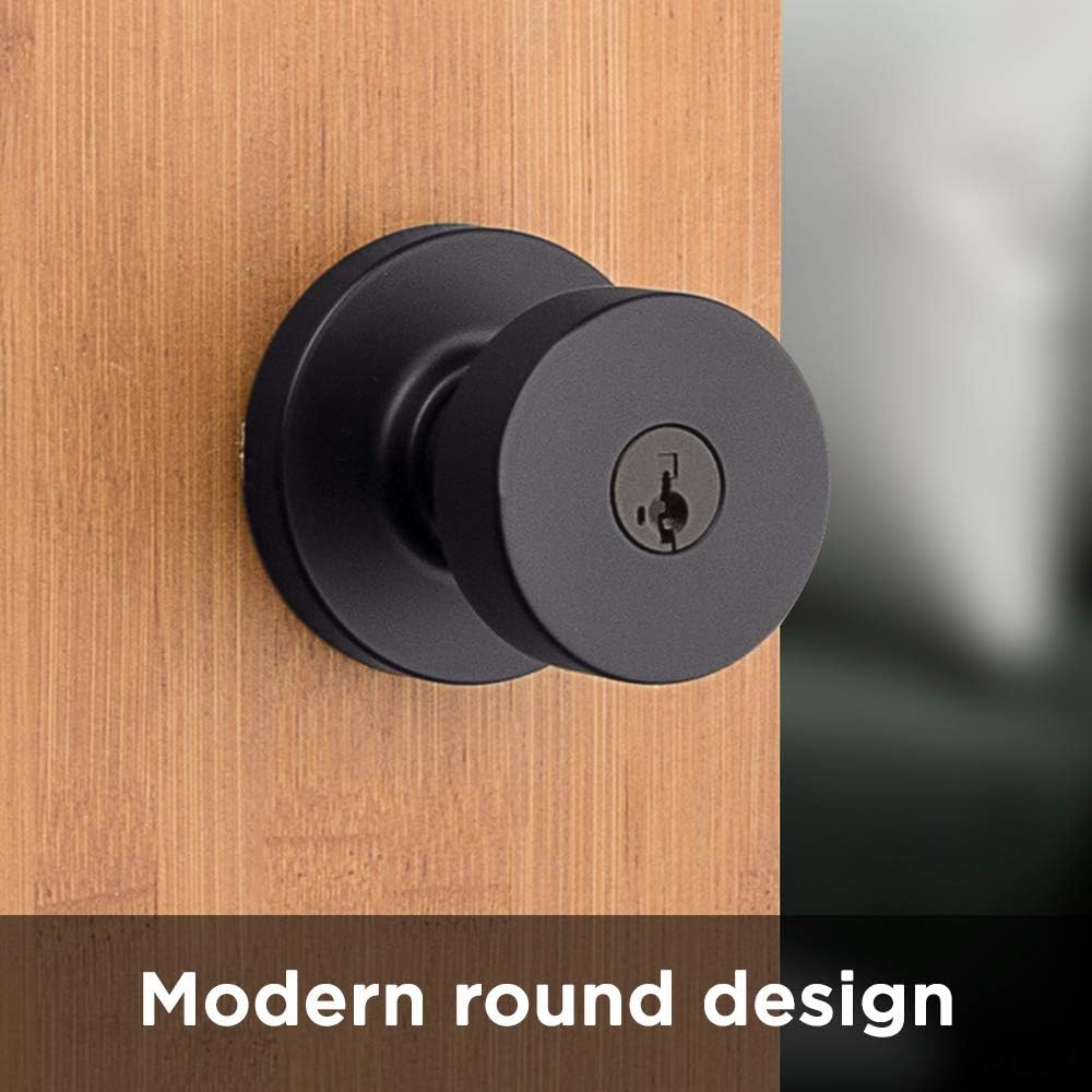 Secure your front entrance and bedroom with the Kwikset Pismo Entry Door Knob in Matte Black, featuring a pick-resistant SmartKey rekey security system and Microban protection.
