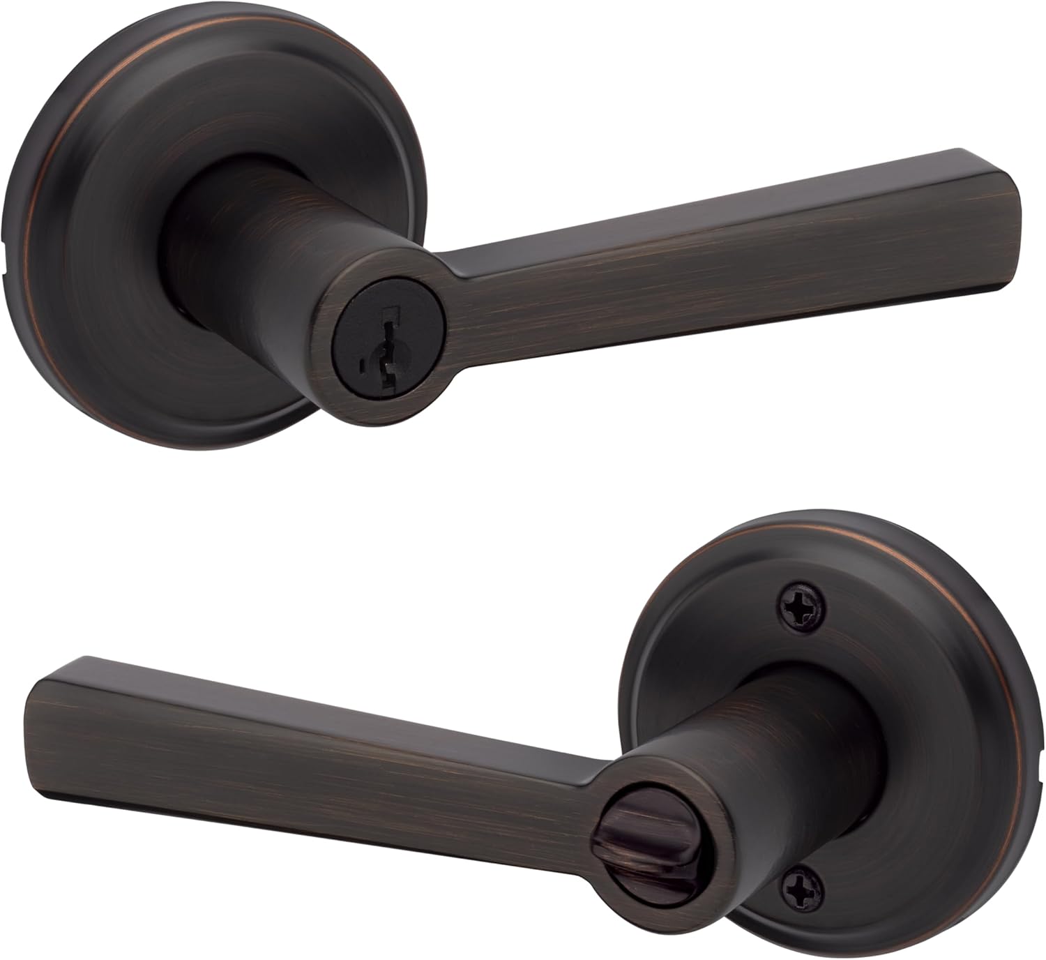 Secure your front entrance and bedrooms with the Kwikset Trafford Entry Door Handle in Venetian Bronze, featuring a pick-resistant SmartKey lock and Microban technology.
