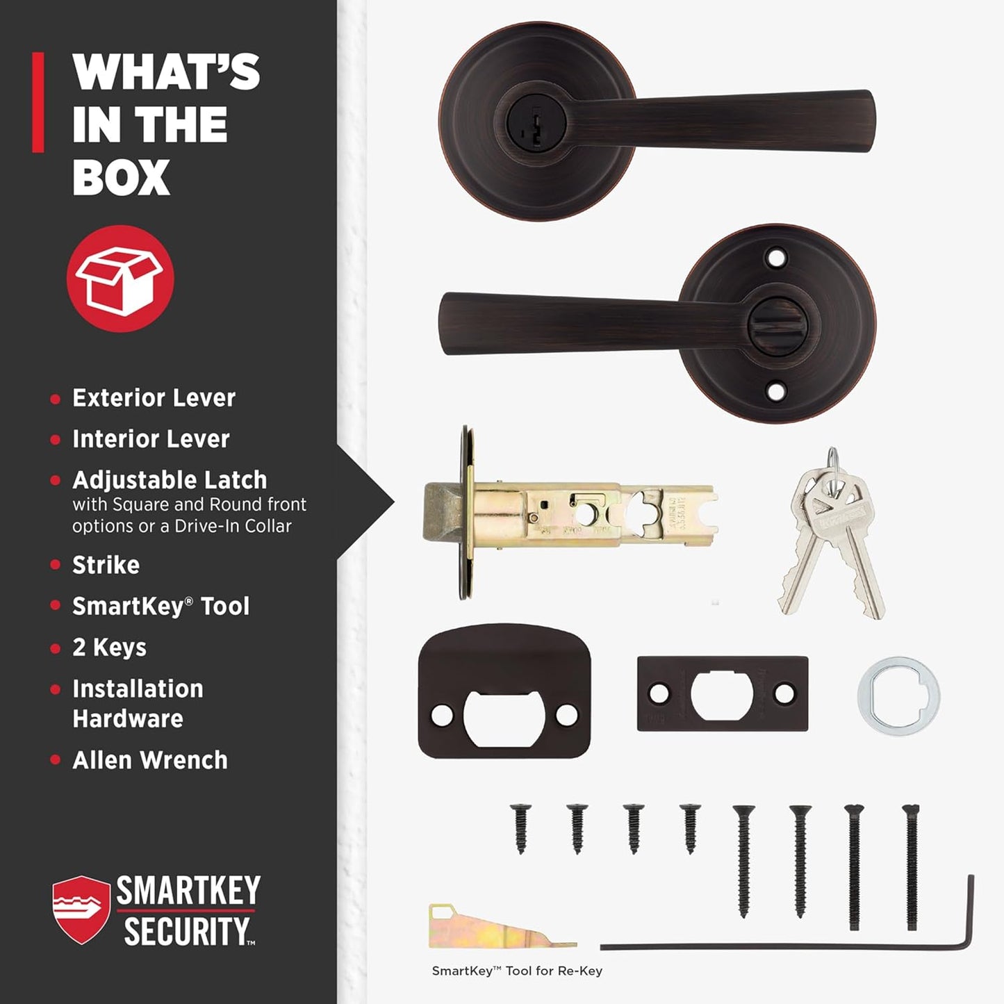 Secure your front entrance and bedrooms with the Kwikset Trafford Entry Door Handle in Venetian Bronze, featuring a pick-resistant SmartKey lock and Microban technology.