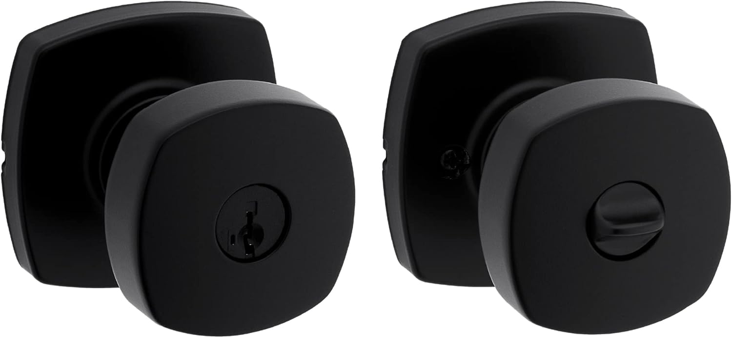 Secure your home with the Kwikset Arroyo Knob Entry Door Lock and Key in Matte Black, featuring SmartKey Rekey Security and Microban technology for added protection. Perfect for front entrances and bedrooms.