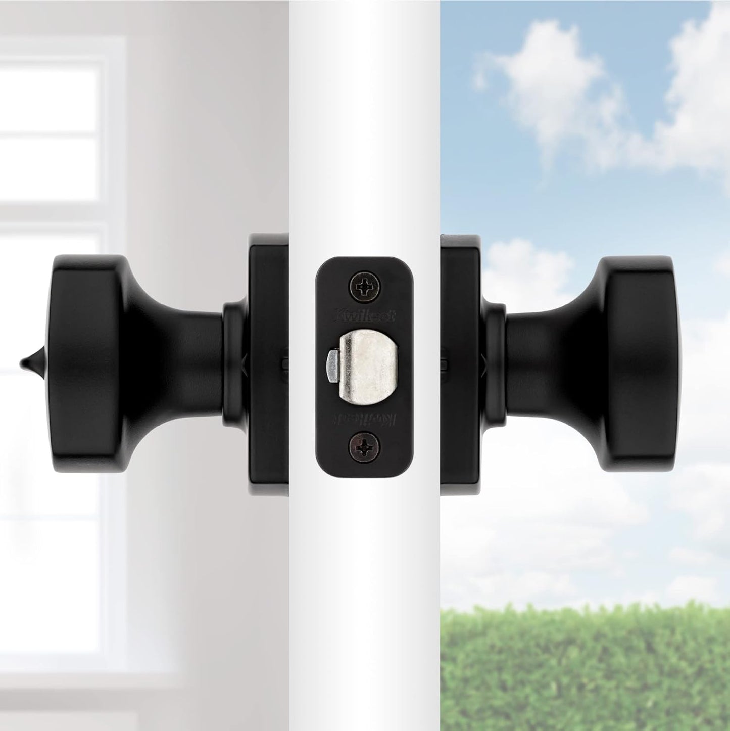Secure your home with the Kwikset Arroyo Knob Entry Door Lock and Key in Matte Black, featuring SmartKey Rekey Security and Microban technology for added protection. Perfect for front entrances and bedrooms.