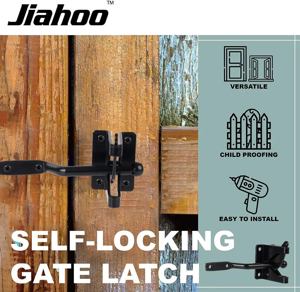 Self-Locking Gate Latch for Wooden Fence Post Mount - Automatic Gravity Lever, Secure Pool, Garden, Shed - Rust Resistant Black Powder Coating