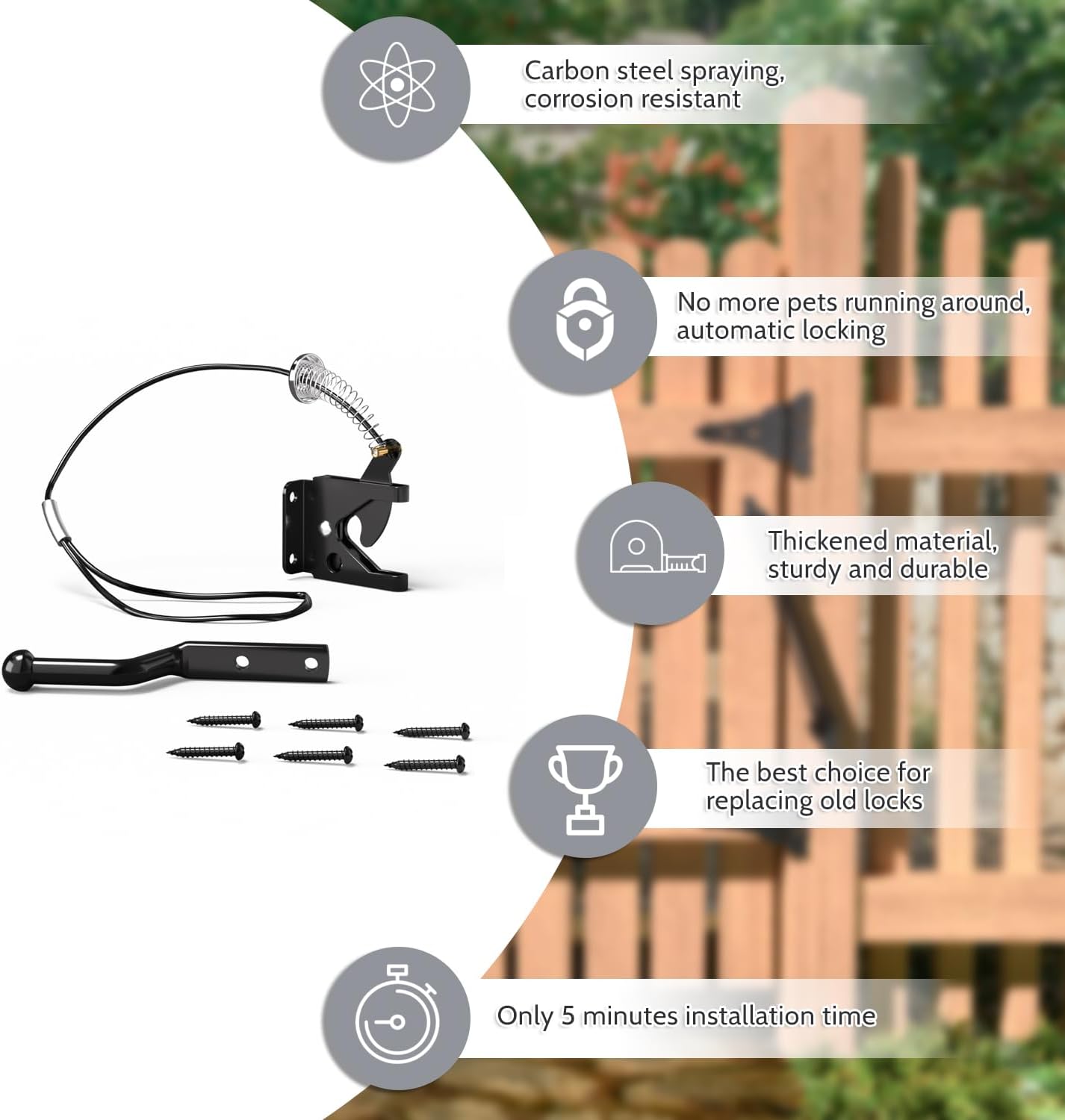 Self-Locking Gate Latch with Spring Cable Pull for Wooden Fence - Black Carbon Steel - Fence Door Accessory