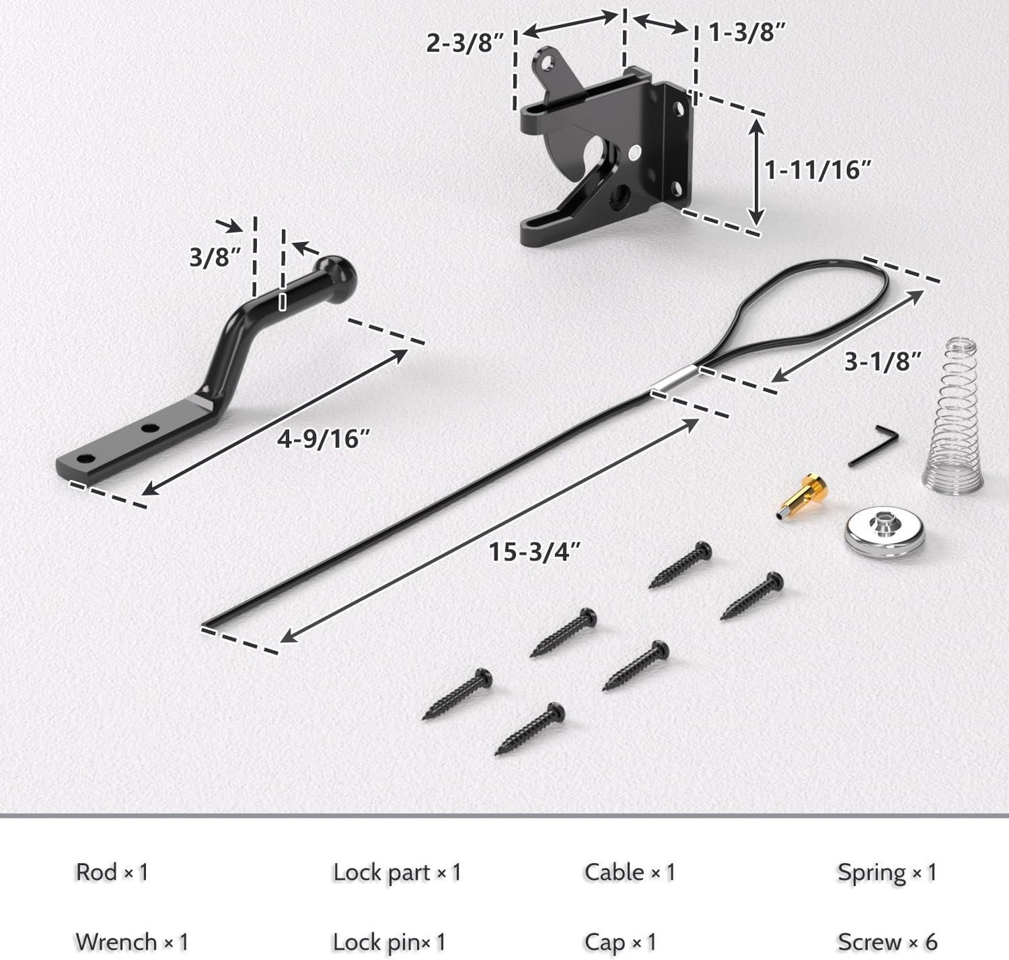 Self-Locking Gate Latch with Spring Cable Pull for Wooden Fence - Black Carbon Steel - Fence Door Accessory
