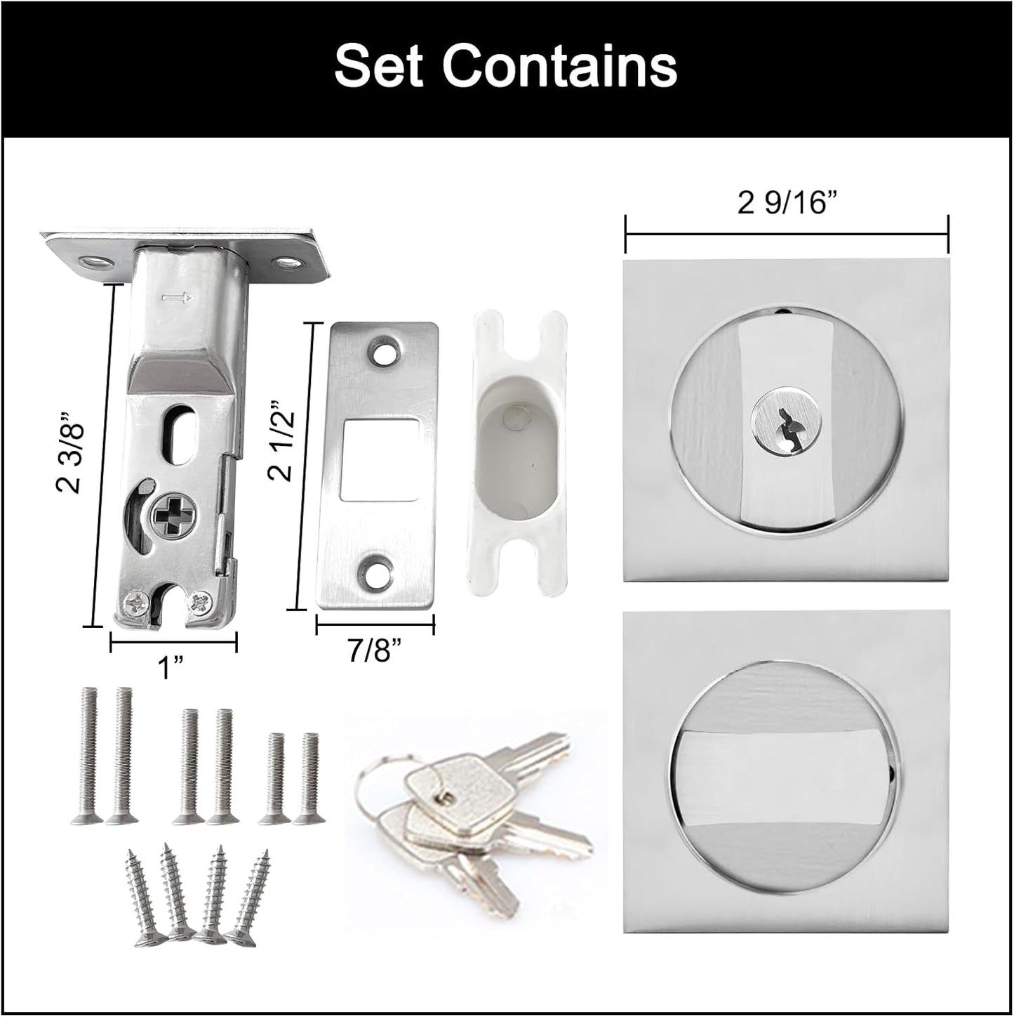 Senharvest Privacy Pocket Door Lock with Key - Invisible Hardware for Bathroom Bedroom Doors - 2 Sided, 2 3/8" Backset - Fits 1 3/8” to 2 3/16” Thick Doors - Silver - WildKart