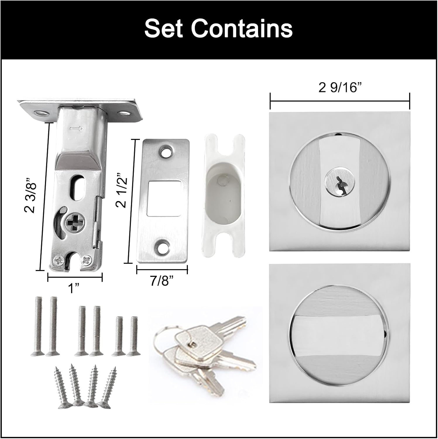 Senharvest Privacy Pocket Door Lock with Key - Invisible Hardware for Bathroom Bedroom Doors - 2 Sided, 2 3/8" Backset - Fits 1 3/8” to 2 3/16” Thick Doors - Silver - WildKart