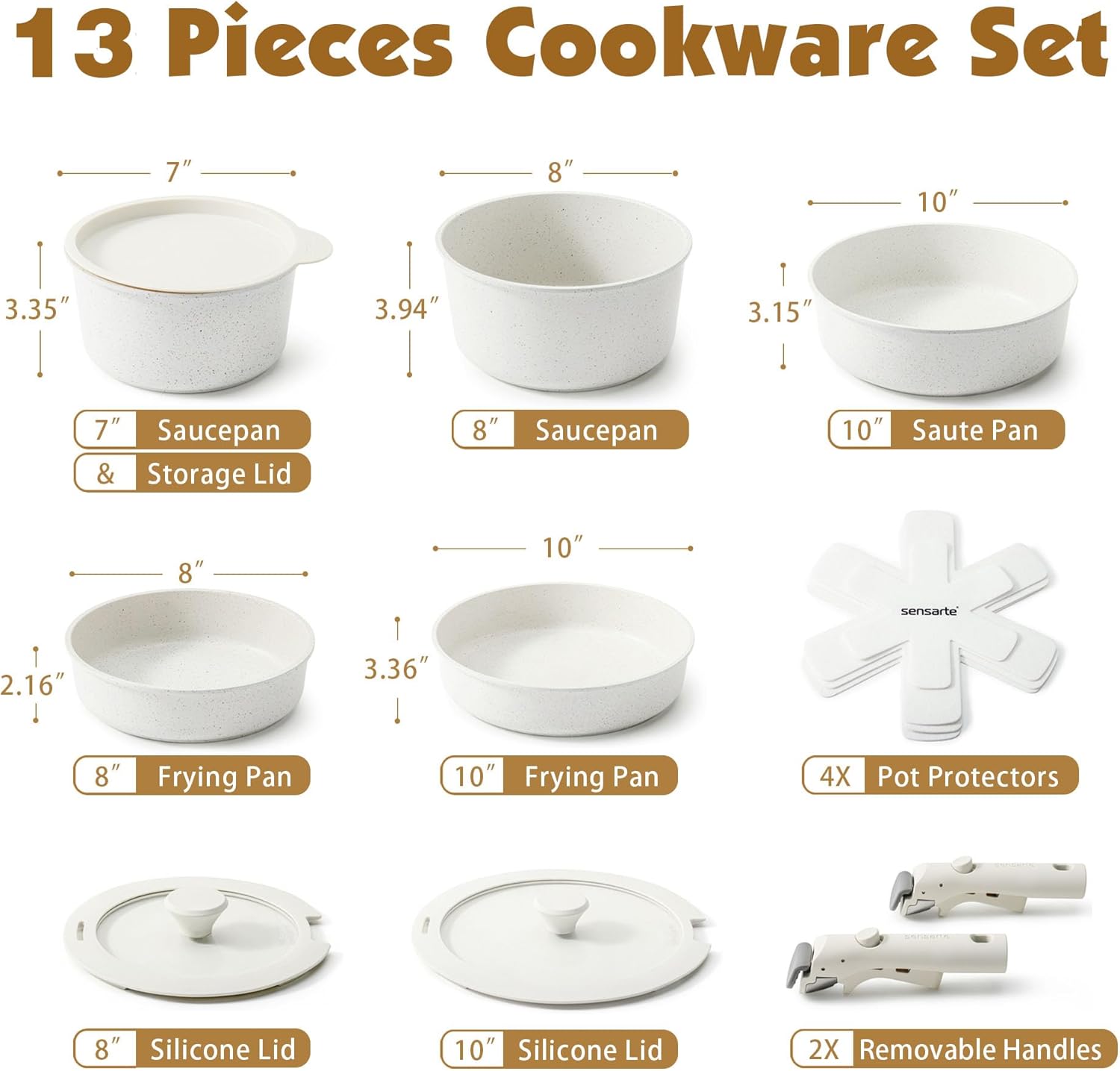 SENSARTE 13 Piece Nonstick Pots and Pans Set with Removable Handle, Induction Cookware for RV, Dishwasher & Oven Safe - PFOA Free White Kitchen Set