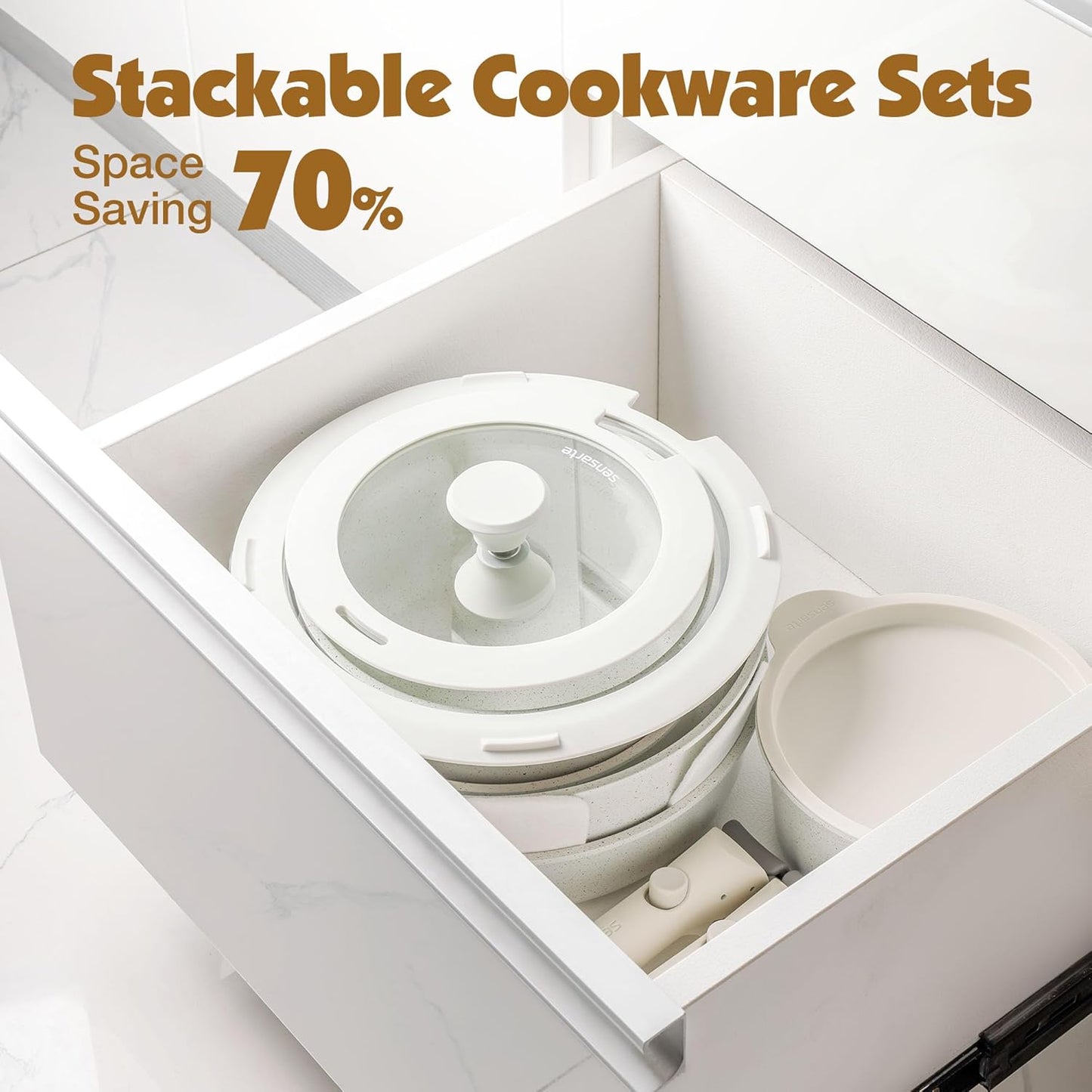 SENSARTE 13 Piece Nonstick Pots and Pans Set with Removable Handle, Induction Cookware for RV, Dishwasher & Oven Safe - PFOA Free White Kitchen Set