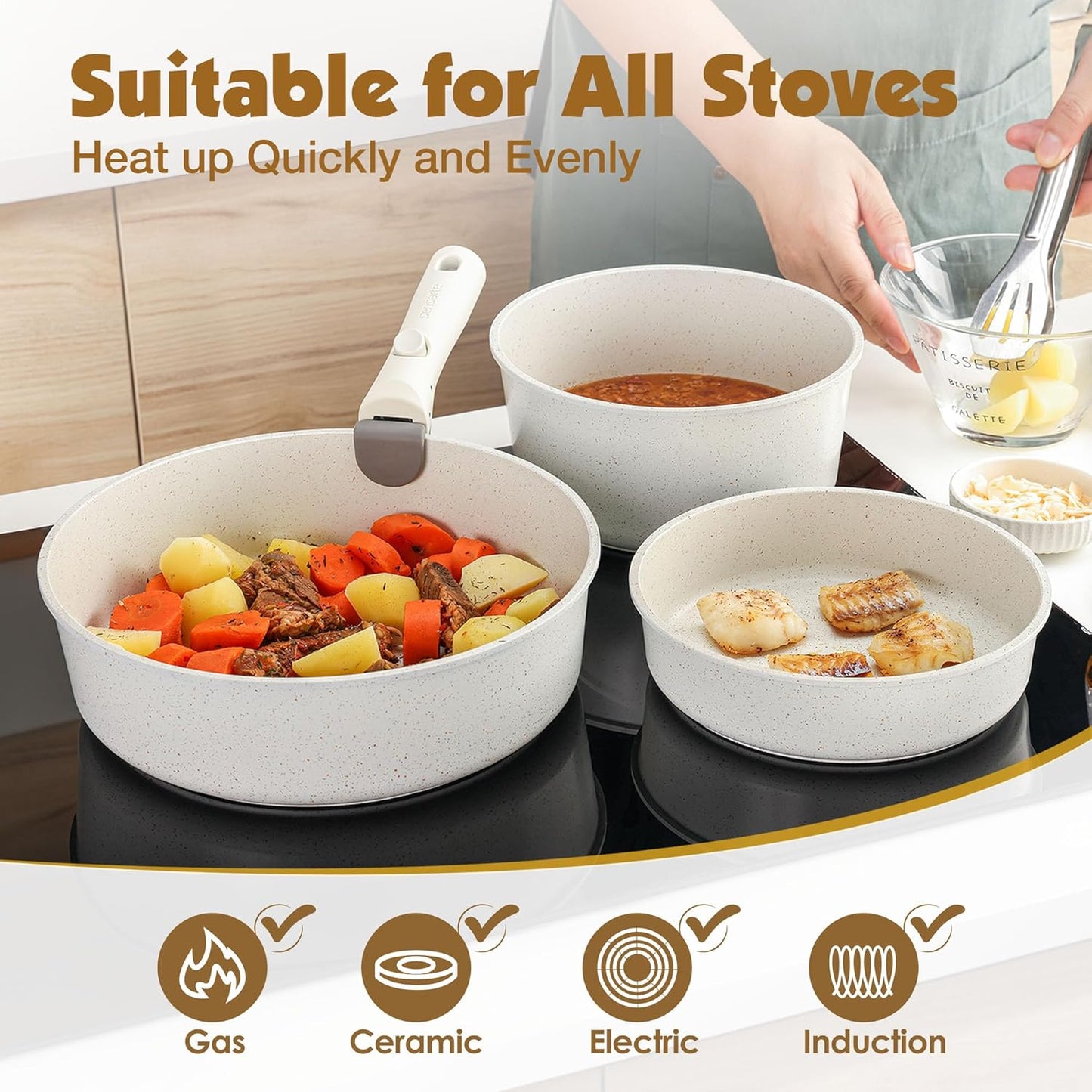 SENSARTE 13 Piece Nonstick Pots and Pans Set with Removable Handle, Induction Cookware for RV, Dishwasher & Oven Safe - PFOA Free White Kitchen Set