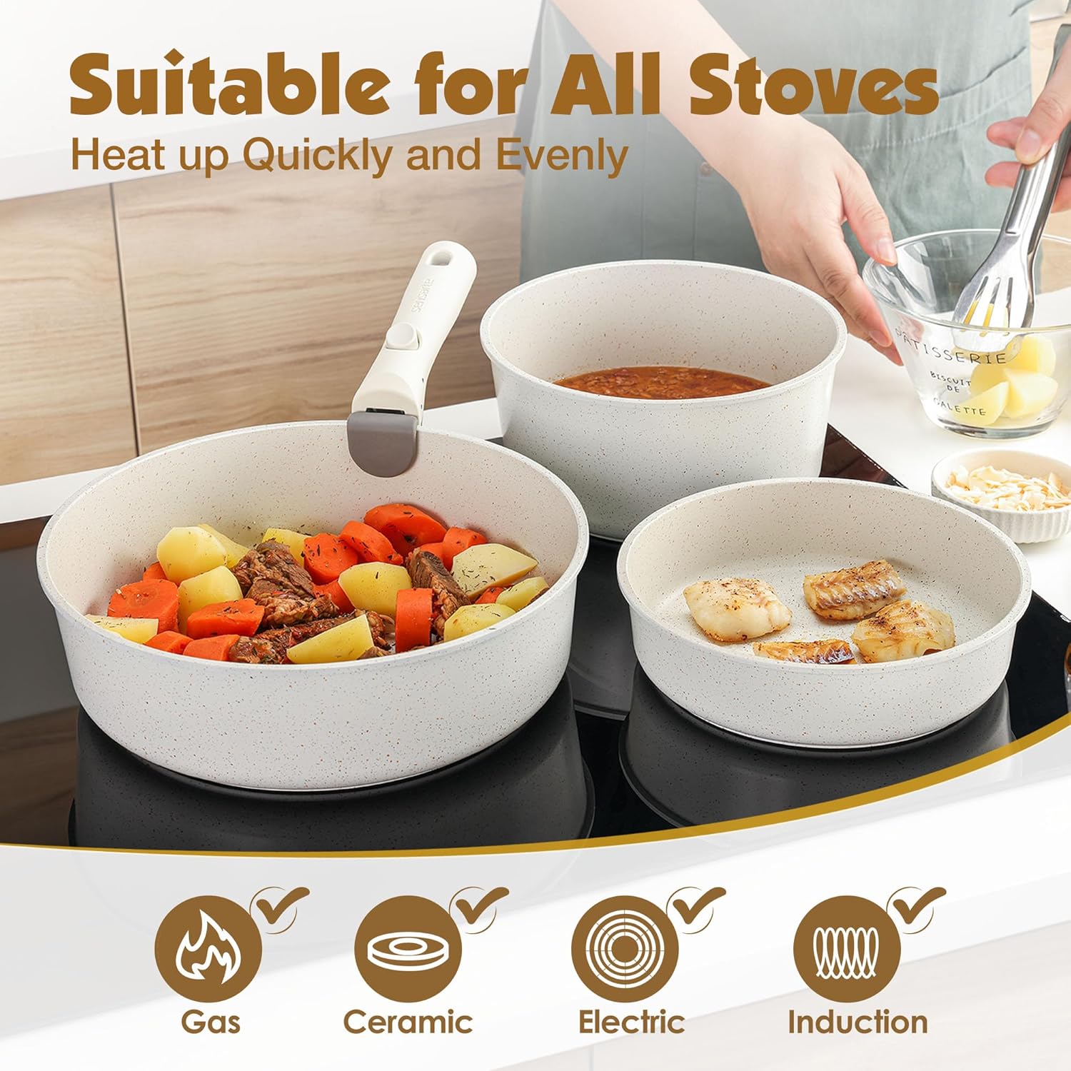 SENSARTE 13 Piece Nonstick Pots and Pans Set with Removable Handle, Induction Cookware for RV, Dishwasher & Oven Safe - PFOA Free White Kitchen Set