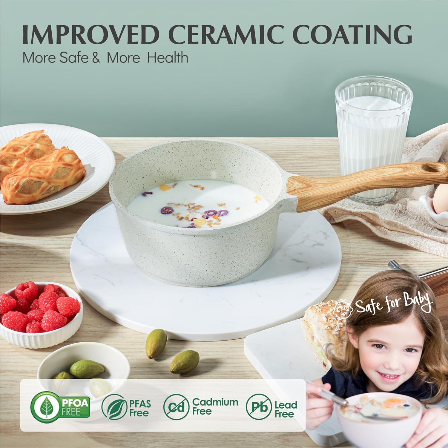 SENSARTE White Ceramic Nonstick Saucepan Set - Small Cooking Pot with Lid, Stay Cool Handle, Induction Compatible, White Granite Coating, PFOA/PFAS Free - 1.5 + 2.5QT