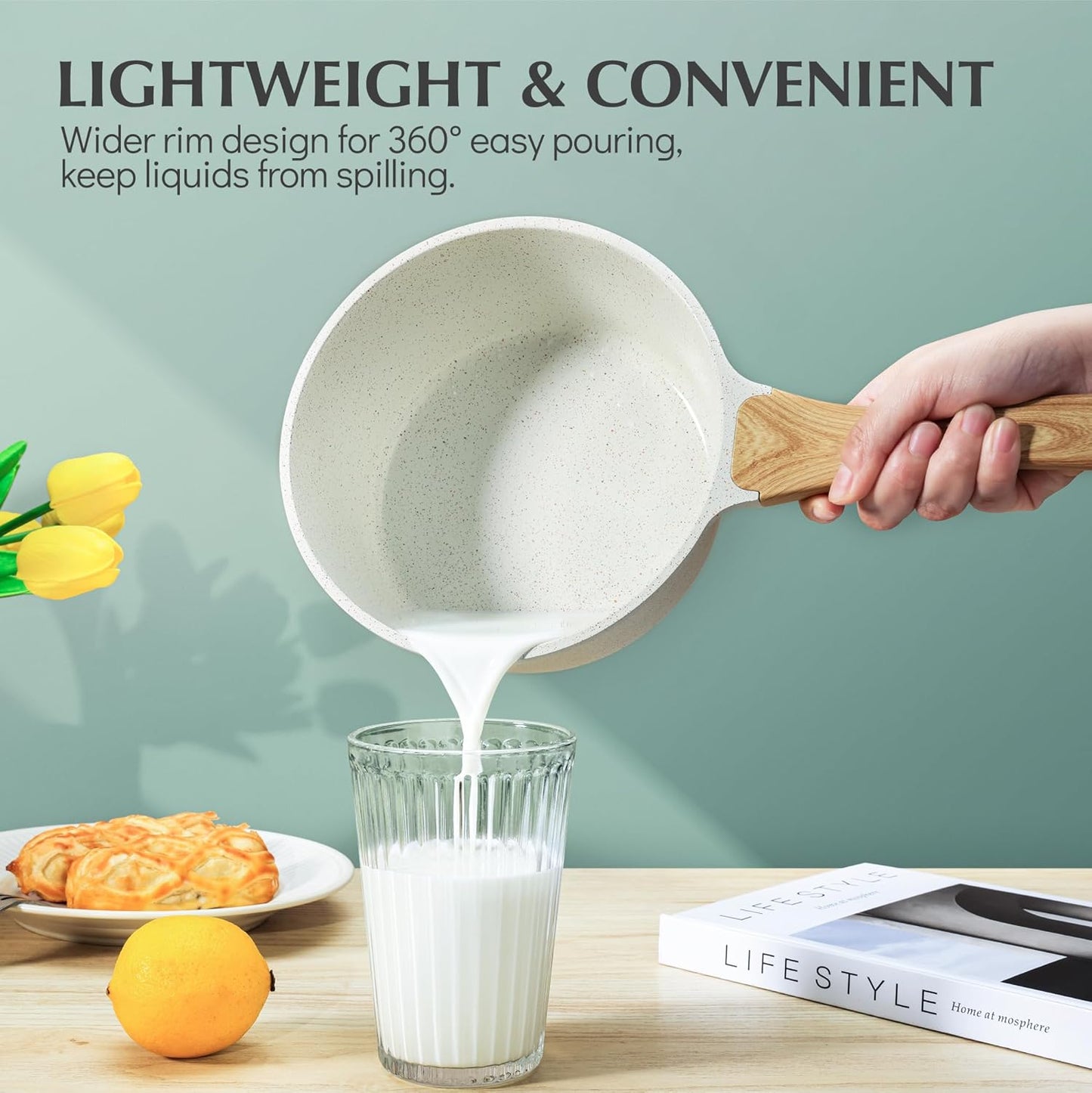 SENSARTE White Ceramic Nonstick Saucepan Set - Small Cooking Pot with Lid, Stay Cool Handle, Induction Compatible, White Granite Coating, PFOA/PFAS Free - 1.5 + 2.5QT