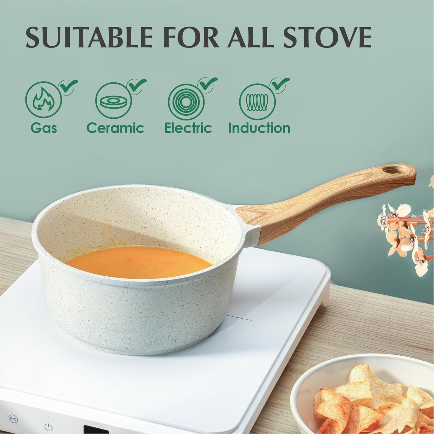 SENSARTE White Ceramic Nonstick Saucepan Set - Small Cooking Pot with Lid, Stay Cool Handle, Induction Compatible, White Granite Coating, PFOA/PFAS Free - 1.5 + 2.5QT