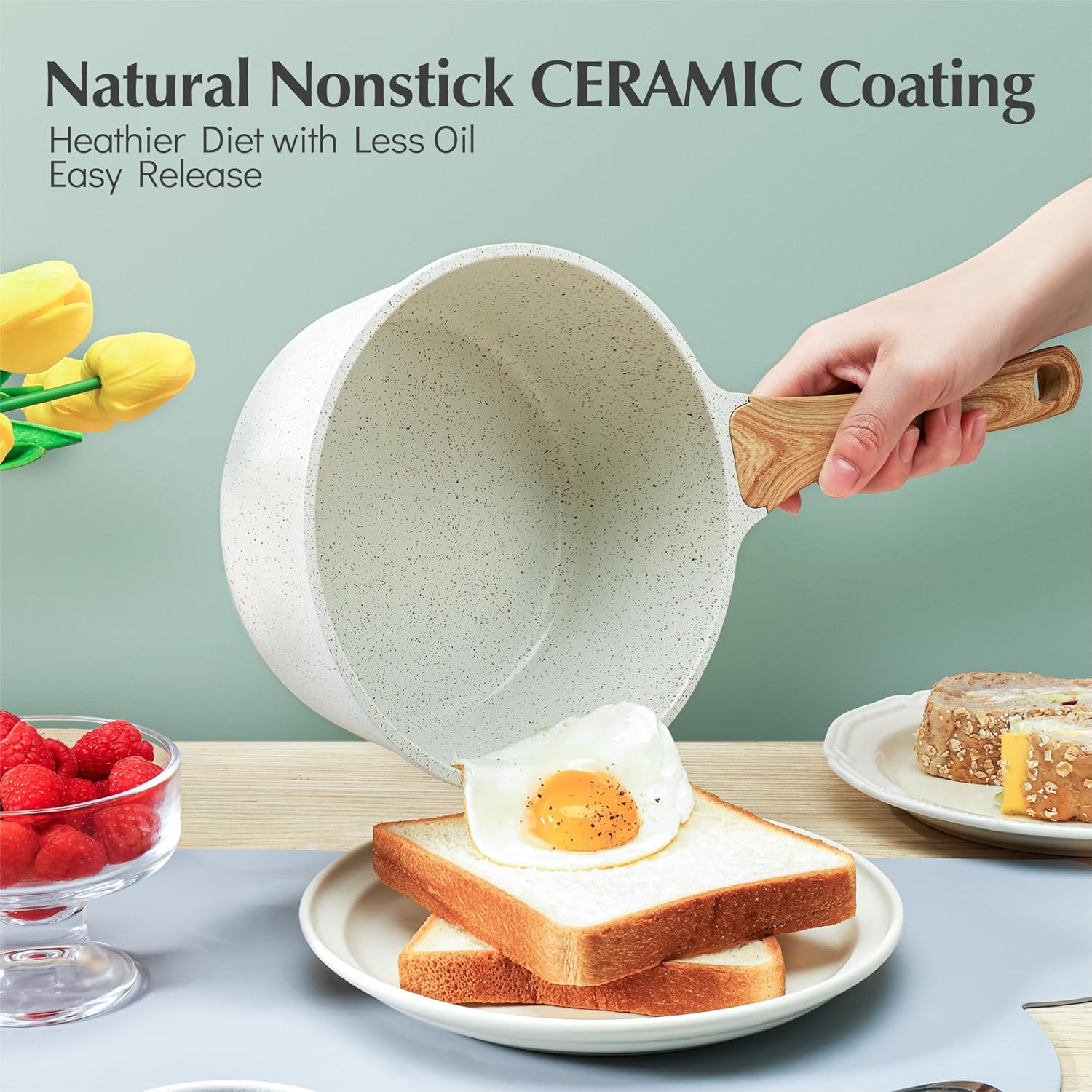 SENSARTE White Ceramic Nonstick Saucepan Set - Small Cooking Pot with Lid, Stay Cool Handle, Induction Compatible, White Granite Coating, PFOA/PFAS Free - 1.5 + 2.5QT