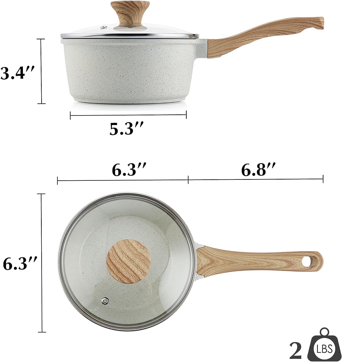 SENSARTE White Ceramic Nonstick Saucepan Set - Small Cooking Pot with Lid, Stay Cool Handle, Induction Compatible, White Granite Coating, PFOA/PFAS Free - 1.5 + 2.5QT