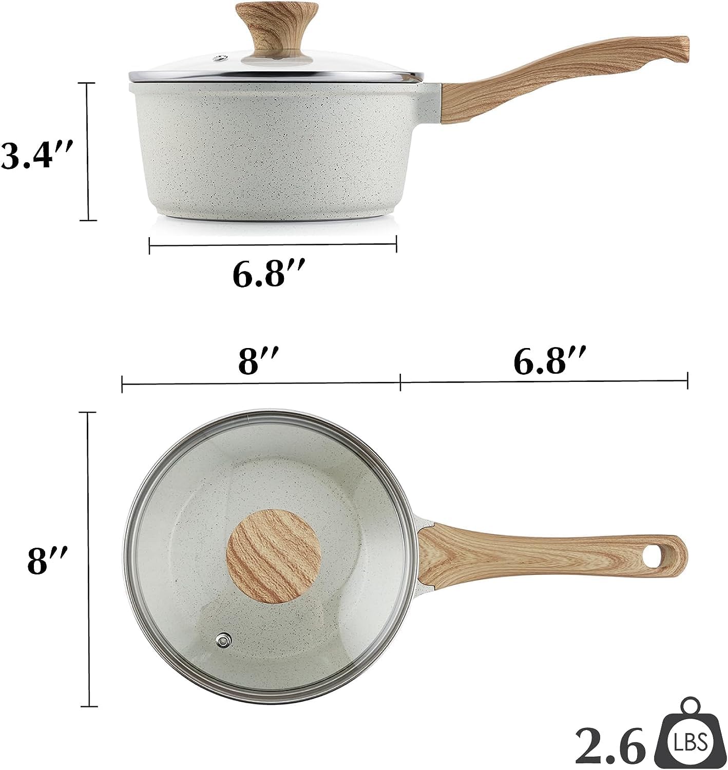 SENSARTE White Ceramic Nonstick Saucepan Set - Small Cooking Pot with Lid, Stay Cool Handle, Induction Compatible, White Granite Coating, PFOA/PFAS Free - 1.5 + 2.5QT