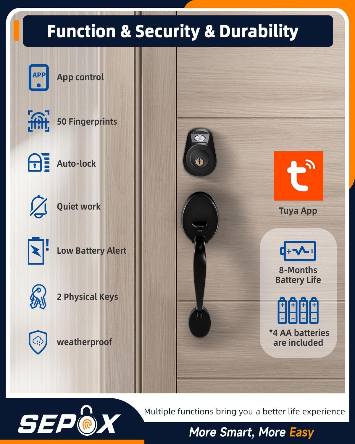 SEPOX® Keyless Smart Lock Set with Front Door Lock and 2 Long Cable Padlocks