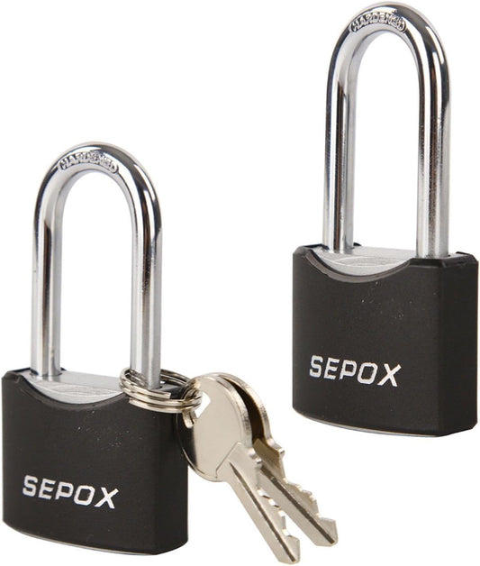 SEPOX® Twins 1-9/16" Outdoor Padlocks Keyed Alike, Long Shackle, Heavy-Duty Solid Steel Lock for Gate Fence Cabinet Toolbox School Gym Locker, Black Cover, 2 Same Keys - WildKart