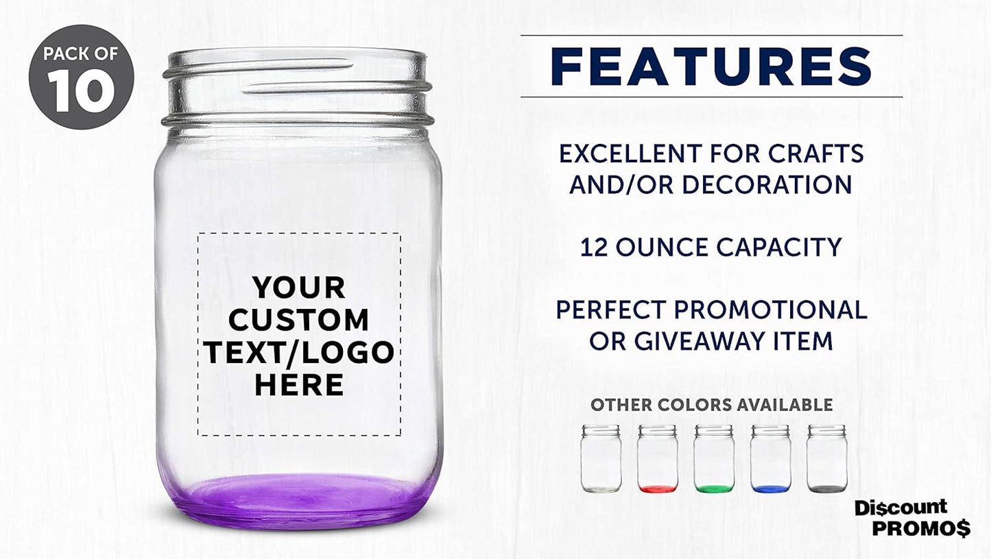 Set of 10 12 oz. Custom Decorating Mason Jars - Personalized Bulk Pack for Overnight Oats, Candies, Fruits, Pickles, Spices, Beverages - Purple