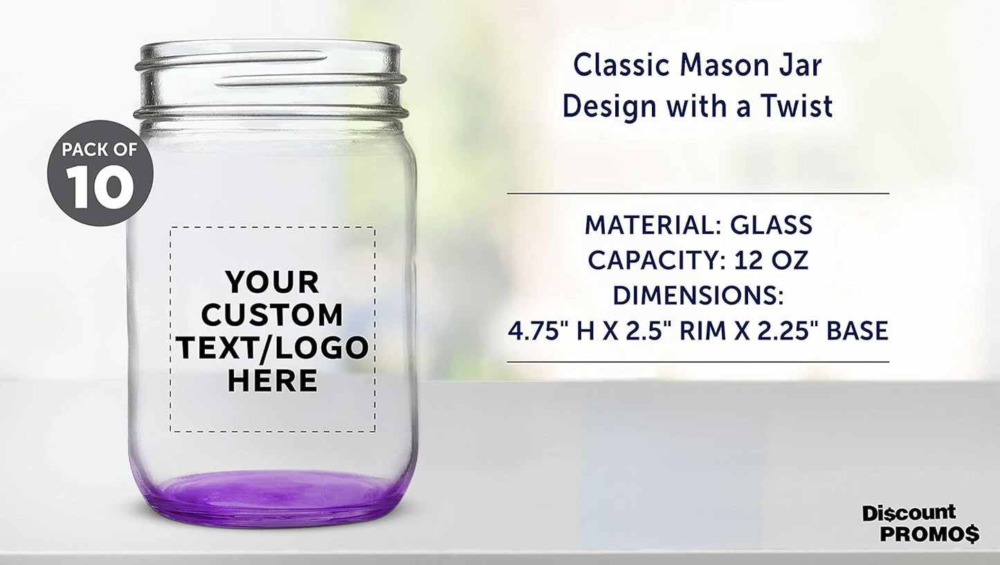 Set of 10 12 oz. Custom Decorating Mason Jars - Personalized Bulk Pack for Overnight Oats, Candies, Fruits, Pickles, Spices, Beverages - Purple