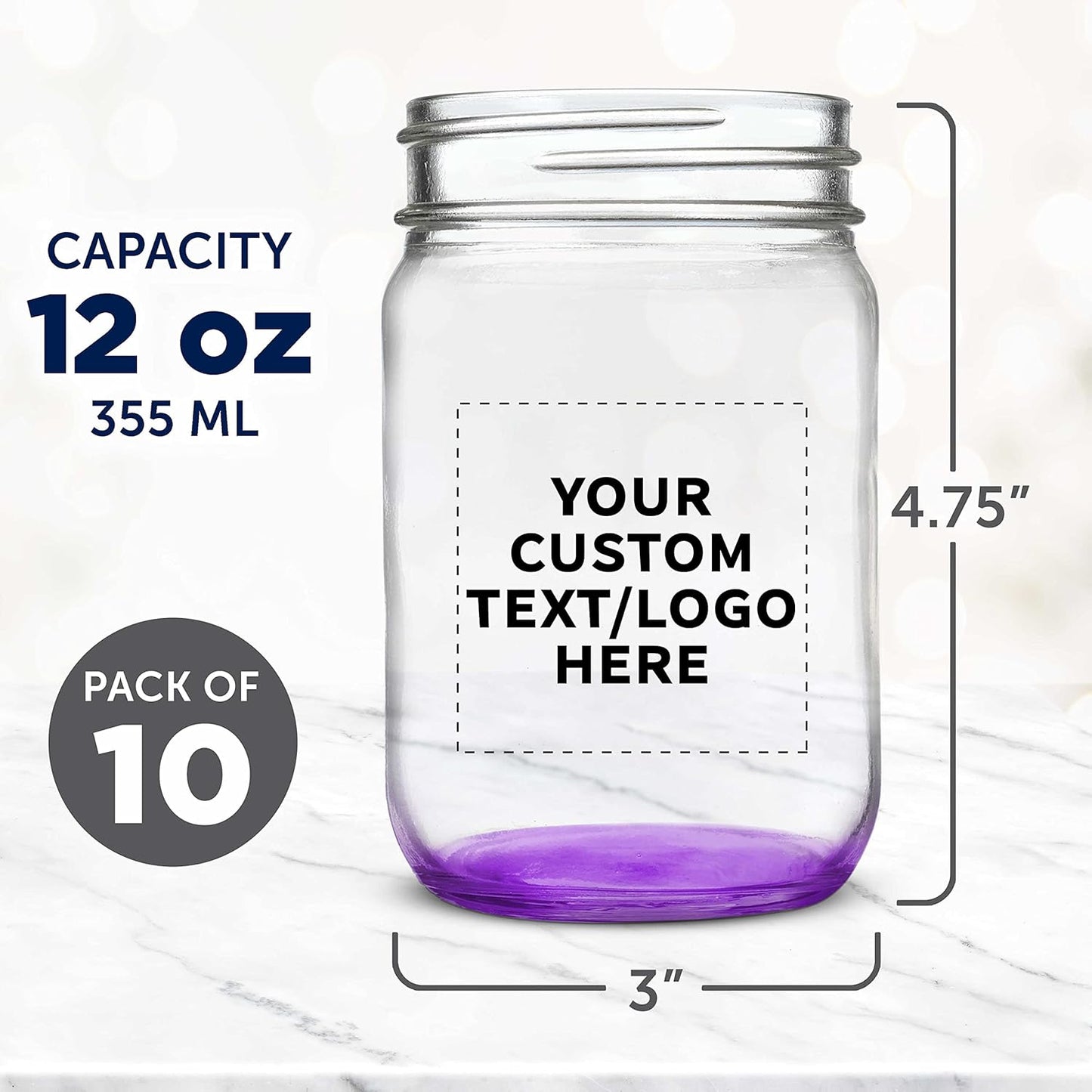 Set of 10 12 oz. Custom Decorating Mason Jars - Personalized Bulk Pack for Overnight Oats, Candies, Fruits, Pickles, Spices, Beverages - Purple