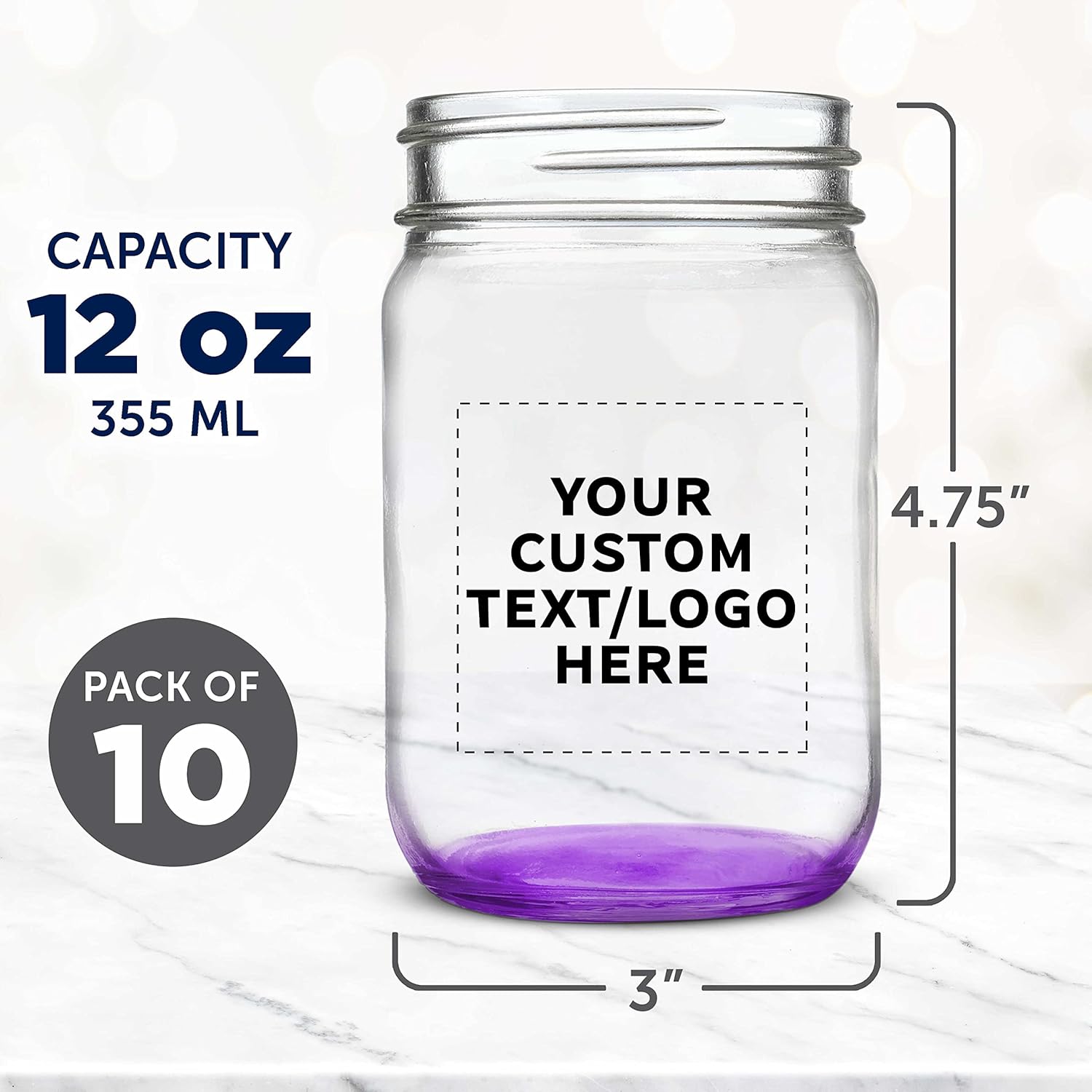 Set of 10 12 oz. Custom Decorating Mason Jars - Personalized Bulk Pack for Overnight Oats, Candies, Fruits, Pickles, Spices, Beverages - Purple
