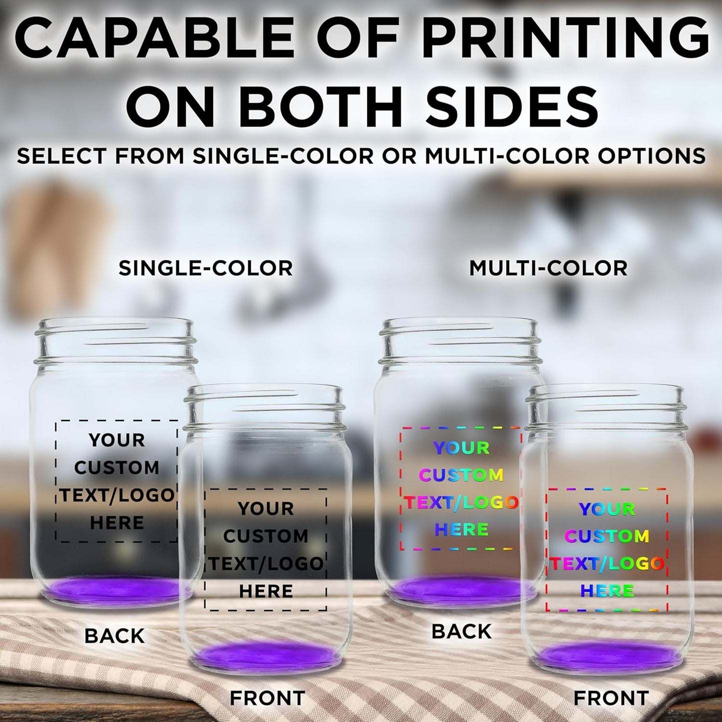 Set of 10 12 oz. Custom Decorating Mason Jars - Personalized Bulk Pack for Overnight Oats, Candies, Fruits, Pickles, Spices, Beverages - Purple